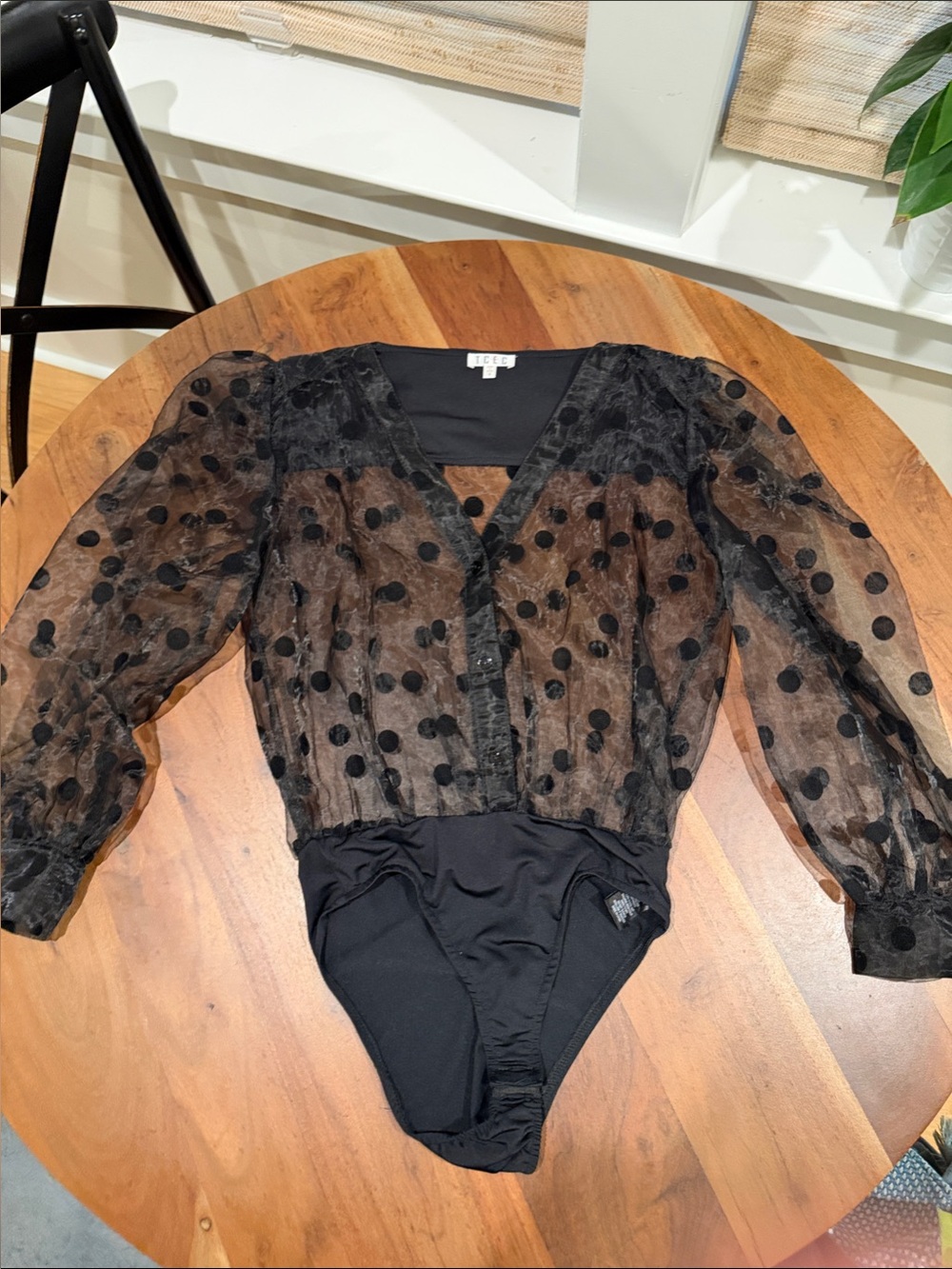TCEC Black Polka Dot Sheer Balloon Sleeve Bodysuit